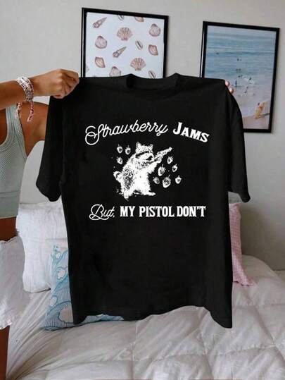 Men's T Shirts  Plus Size Summer Casual Vintage Funny Raccoon Slogan Printed T-Shirt, Black Top Men's Casual Print Round Neck Short Sleeve T-Shirt Standard Fit T-Shirt For Men