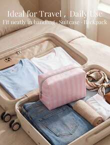 Cute Pink & White Stripe Makeup Bag With Compartments,Nylon Travel Essentials Cosmetic Bag Organizer Toiletry Bag For Women Girls, Simple Pink Portable Storage Bag With Four Different Sizes To Choose From, Suitable For Home Storage, Cosmetics Storage, Cute Appearance, Suitable As A Gift - 八角包(粉紅色) - 查看 7