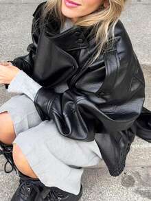 Fashionable Casual Women Long Sleeve High Collar Loose Motorcycle Style Top, 2026 Street Style / Women's Valentine's Day Outfit - Black - View 2