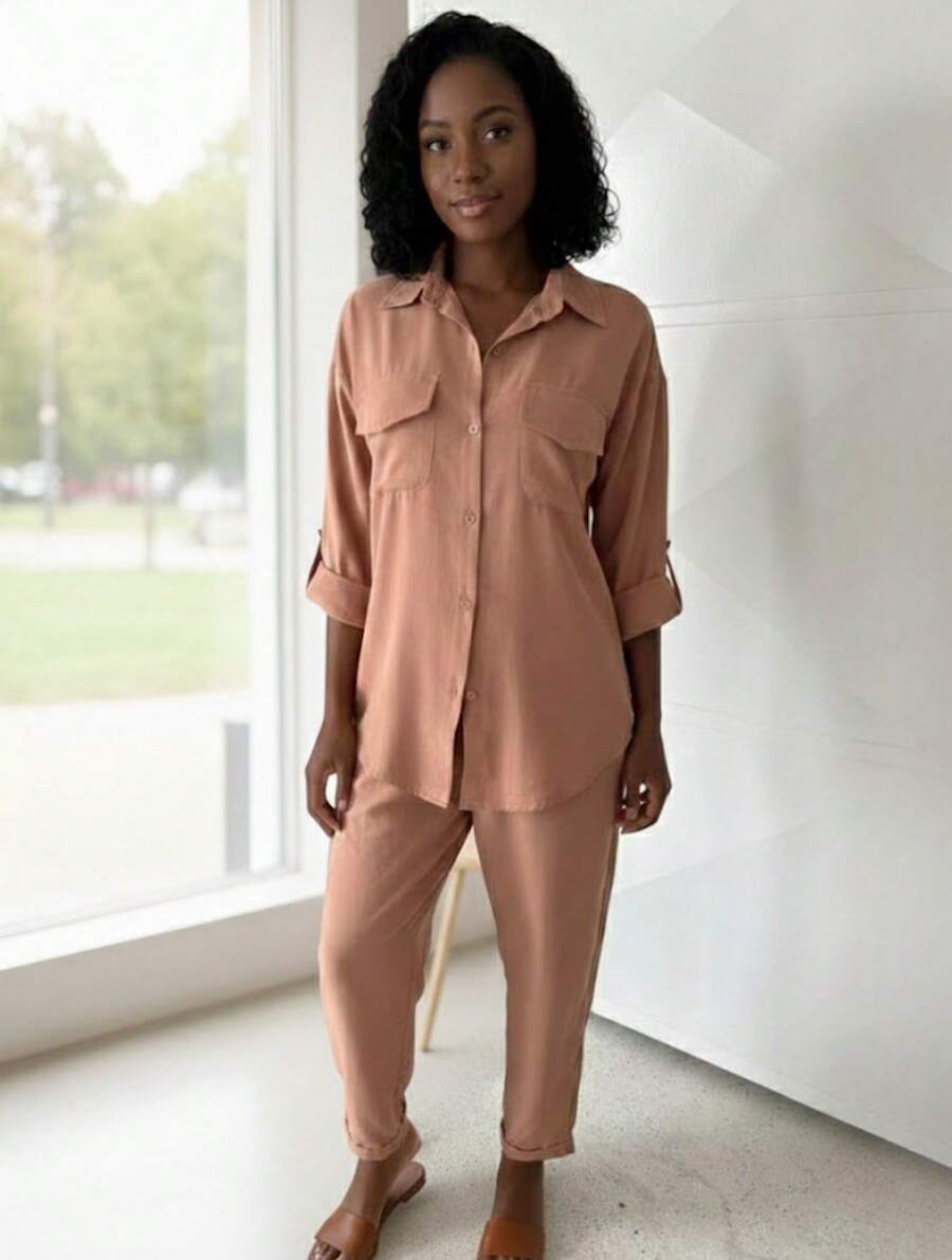 Women's Set: Pants And Shirt With Elastic Waistband, Comfortable, Casual, And Stylish For Everyday Wear. - 乾枯玫瑰色 - 查看 1