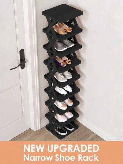1pc 9/6/3 Tier Vertical Shoe Rack, Space Saving, Narrow Design, Small Shoe Organizer, DIY Freestanding Shoe Storage Shelf For Entryway, Closet, Hallway, Easy Assembly And Sturdy Structure, Black & White Color, Plastic Material, Accessories Included