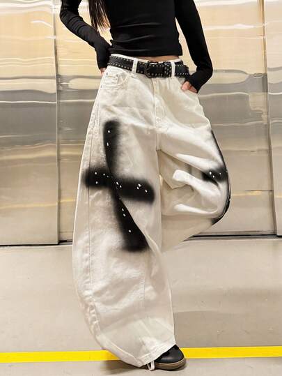 1pc Women's Japanese Street Fashion Patchwork Curved Knife Print Loose Comfortable Wide Leg Jeans Pants, Versatile For All Seasons (Belt/Accessories Not Included) Casual