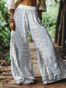 2026 Women's New Arrival Pink & Blue  Printed Patchwork Floral Plaid Pastoral Style Wide-Leg Elastic Waist Casual Pants - Rửa nhẹ - Xem 1