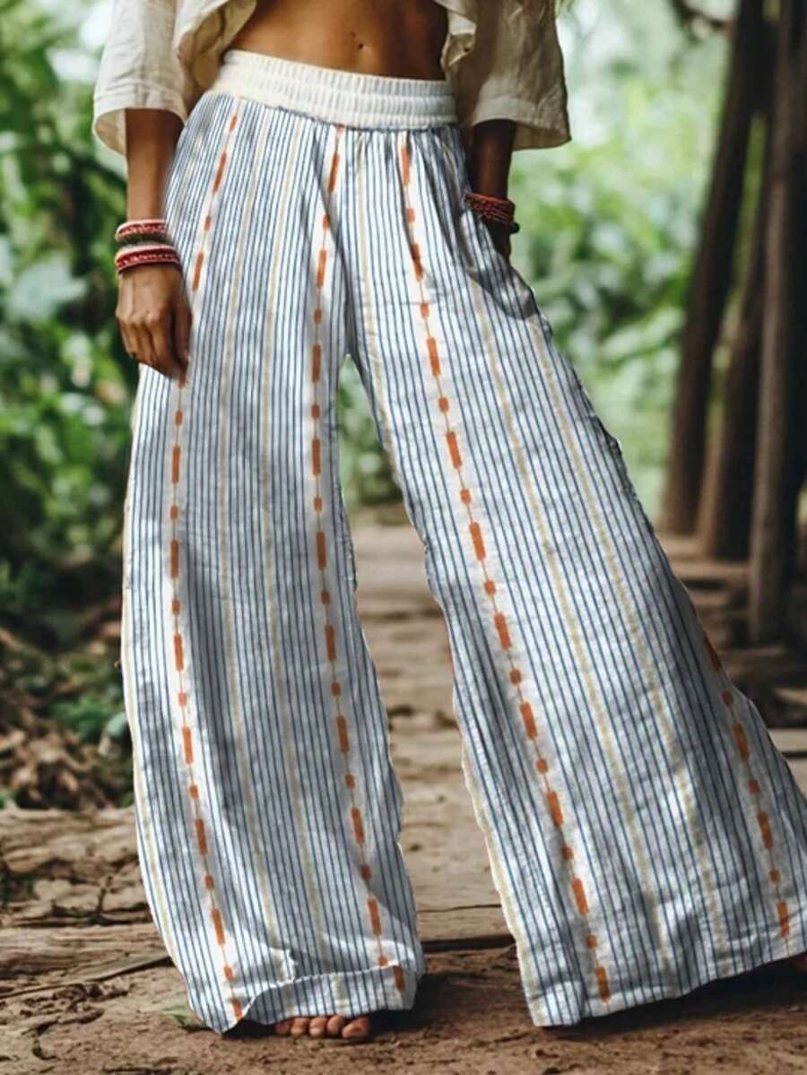 2026 Women's New Arrival Pink & Blue  Printed Patchwork Floral Plaid Pastoral Style Wide-Leg Elastic Waist Casual Pants - Rửa nhẹ - Xem 1