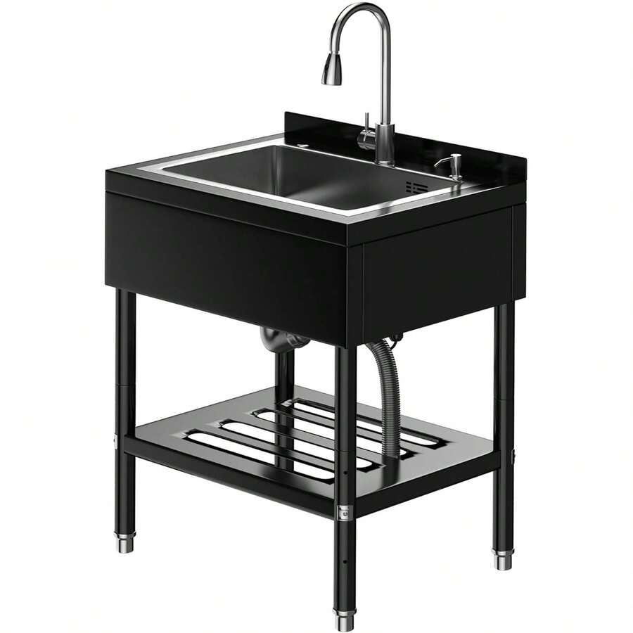 Dragonpad Stainless Steel Utility Sink,Freestanding Sink With Cold And Hot Water Faucet For Garage, Kitchen, Bathroom & Basement | Includes Drain Kit & Hoses - Silver - 25x20x39 Inches - View 1