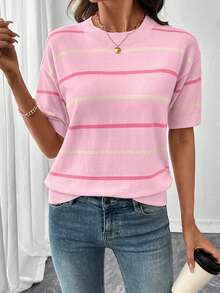 ASVIVID Apricot Striped Drop Shoulder Relaxed Fit Knit Top - Hồng - Xem 2