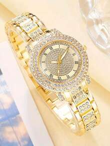 两件套优雅水晶腕表，时尚简约奢华全水晶女士石英腕表搭配心形钻石手链，适合节日、派对、婚礼、日常佩戴，是送给女性的最佳礼物。 - 金色 - 查看 3