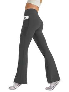 GEREARC Women's High-Waist Pocketed Yoga Pants – Seamless Flare Bootcut Style, Athletic & Casual Wear - 深灰色 - 查看 2