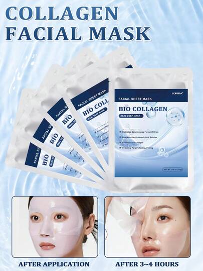 5 piezas Mascarilla facial de hoja con biocolageno real, hidratante y reafirmante. Contiene colágeno, ácido hialurónico y nicotinamida para hidratar e invigorar la piel de todo tipo