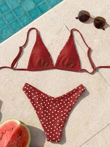 Bộ bikini nữ mới, kiểu dáng thường ngày, dễ thương, in hình trái tim màu đỏ, gồm áo và quần tam giác, thích hợp cho kỳ nghỉ biển. - Đỏ - Xem 4