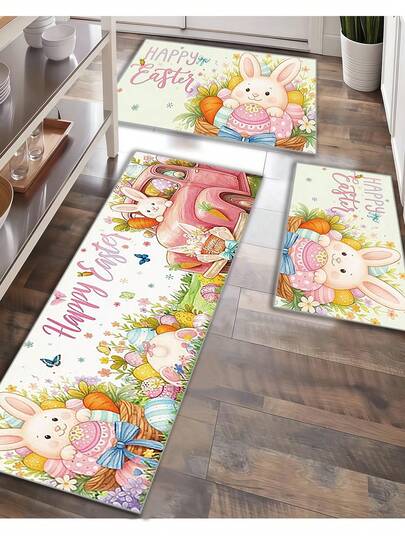 3 pezzi Set di tappetini e zerbini da cucina per Pasqua, tappeto da cucina con motivo a coniglio, impermeabile e antiscivolo, stile country per Pasqua, decorazione per vacanze, adatto per casa, ufficio, bagno e decorazione per feste
