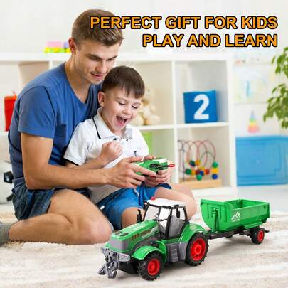 遥控农用拖拉机玩具带拖车，遥控拖拉机带灯光，适合作为圣诞节/生日礼物送给男孩女孩