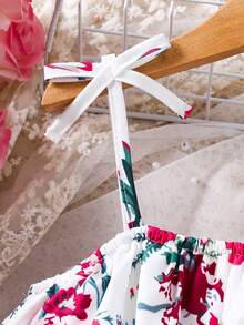 女孩夏季度假风吊带蝴蝶结荷叶边下摆短款连体裤，搭配喇叭裙 - 白色 - 查看 3