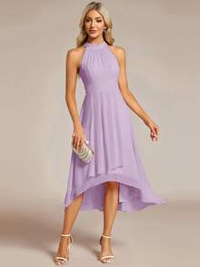 EVERPRETTY Đầm phù dâu bằng chiffon màu tím oải hương, hở lưng, xếp ly bồng bềnh, vạt trước ngắn vạt sau lệch, thích hợp cho đám cưới, tiệc tùng và các dịp trang trọng mùa xuân. - Màu tím hoa cà - Xem 6