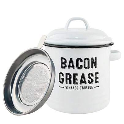 Bacon Grease Collection Jar With Strainer, Large Capacity 46 Oz Vintage Enamel Grease Collection Jar, Suitable For Grease Storage, Kitchen Utensils, Fine Mesh Strainer, Brown Stainless Steel Lid.