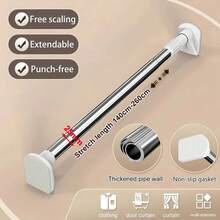 Barra de cortina de ducha y secado multifuncional telescópica ajustable de acero inoxidable sin perforaciones gruesas con antideslizante sin taladro J3BG - A4 - Ver 10