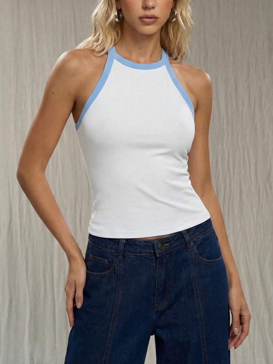 Faeriesty Women's White Sleeveless Stretch Ribbed Camisole With Y-Shaped Neckline Sky Blue Trim – Chic Casual Vacation Style Ideal For Summer Outings, Beach Vacations, Casual Gatherings, City Walks - White - View 1
