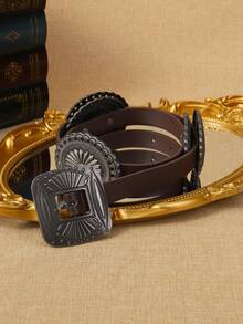 Valentine's Day,1pc Women's Coffee Color PU Round Buckle Belt, Fashionable Classic Leather Belt Suitable For Everyday Use Fall, Autumn, Halloween,Belts For Women,Western Belt, Youth,Casual, Outdoor, Athletic, Vacation, Metal Chain Decorative Belt For Women, Simple Yet Versatile Dress, Fashionable Body Chain, Circular Hollow Waist Chain - 彩色 - 查看 3