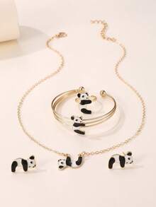 5pcs/Set Girls' Panda Necklace, Bracelet, Ring, Earrings Jewelry Set - Multicolor - View 4