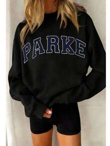 2026 LC Unisex Casual PARKE Letter Print Loose Pullover Sweatshirt, Encountering Lazy Fashion. Casual Daily Wear,Winter Clothes Women,Clothes,Hoodie,Tops,Spring Break,Long Sleeve Tops WomenCasual Daily Wear,-Shirt,Retro-Shirt,Clothing Autumn And Winter,Male And Female Neutral Short Sleeves,Clothes Plus Size,Sweatshirt,Clothes Women,Tops,New Year's Clothing,Womens Tops,Spring,Summer Tops Women,Spring Clothes,Vacation Outfits Women,Valentines Gifts,Summer Outfits - Black - View 2