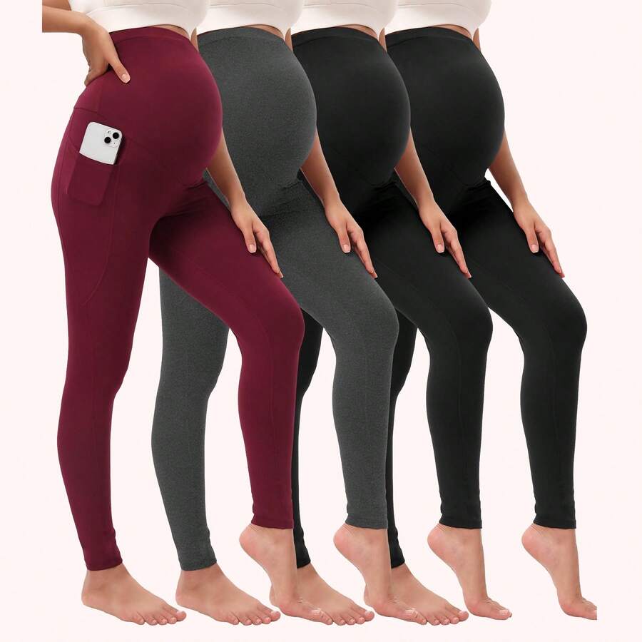 4 Pack Women's Maternity Leggings With Pockets Over The Belly High Waisted Yoga Pregnancy Leggings Smooth Feeling Workout Pregnancy Pants Activewear For Women In Assorted Colors - 彩色 - 查看 1