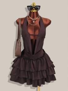 女士棕色无袖性感吊带背心，修身显瘦半裙 - 火辣女孩派对两件套，完美适合度假、夏季穿着，女士两件套 - 棕色 - 查看 2