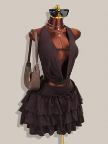 女士棕色无袖性感吊带背心，修身显瘦半裙 - 火辣女孩派对两件套，完美适合度假、夏季穿着，女士两件套 - 棕色 - 查看 1