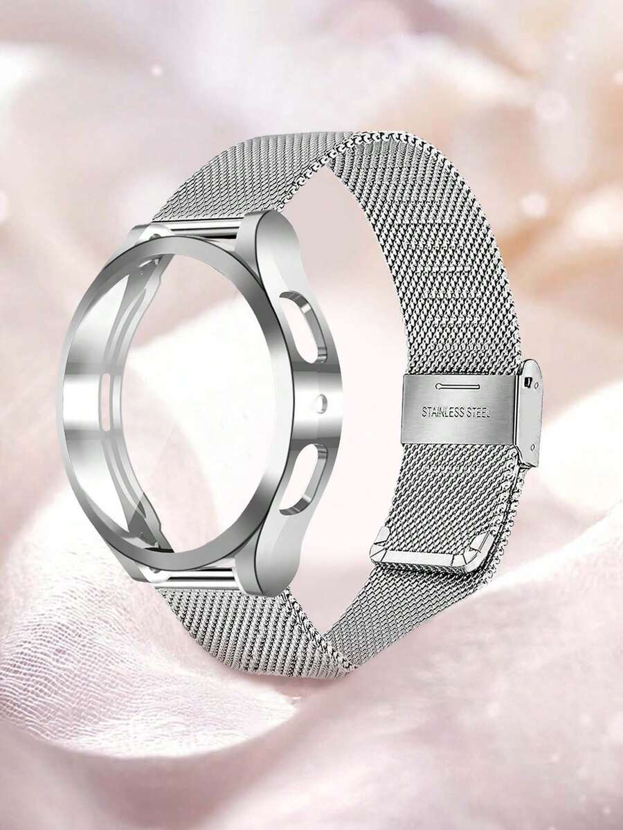 1条不锈钢网状表带+表壳套装，兼容三星Galaxy Watch 4 40mm/44mm、Galaxy Watch 5 40mm/44mm、Galaxy 6/7 40mm/44mm，男女通用不锈钢双扣智能手表表带，银色