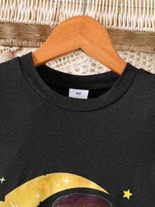 Ramadan Series Summer New Moon Sheep Print 4-Way Stretch Puff Sleeve Black Milk Silk Mid-Length Dress, Elegant And Warm, Suitable For Ramadan Gatherings - Black - View 3