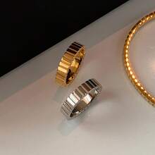 1 pieza Anillos de acero inoxidable minimalistas de 3.5mm y 6.5mm para mujeres, anillos planos para dedos, joyería de compromiso de moda - Dorado - Ver 7