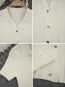 Camiseta de punto con cuello polo y mangas raglán cortas para mujer, ligera y versátil, ideal para primavera/verano - Albaricoque - Ver 6