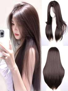 Peluca sintética recta de 28 pulgadas de largo elegante para mujeres, fibra resistente al calor, gorro de red de rosa, densidad del 150% - perfecta para uso diario y de fiesta, 70 cm, especial - Marrón - Ver 2