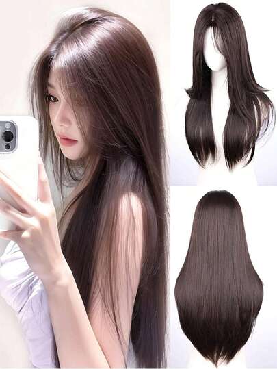 Elegant 28 Inch Long Straight Synthetic Hair Wig For Women, High-Temperature Fiber, Rose Net Cap, 150% Density - Perfect For Daily And Party Use, 70cm, Special