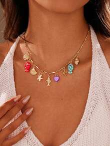 1pc Fashionable Bohemian Beach Holiday Fish, Starfish & Shell Pendant Necklace, Suitable For Daily, Holiday, Party Wear - Multicolor - View 1
