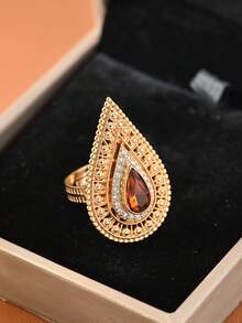 1pc Vintage Luxury Red & Blue Pear Cut Cubic Zirconia Wide Band Women's Ring, Gold Plated Hollow Band, Perfect For Party, Banquet, Wedding, Holiday Decoration, Exquisite And Elegant Design, Ideal Precious Jewelry Gift - Sapphire-gold - View 10