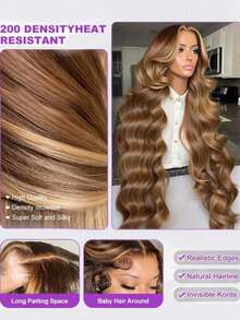 34英寸波浪纹理免胶真人发混纺挑染钢琴色13x4 5x5免胶蕾丝前假发，自然发际线无需胶水，200%密度波浪蕾丝预先拔毛婴儿发，#4/27 自然外观，适合初学者 - S4/27 - 查看 5