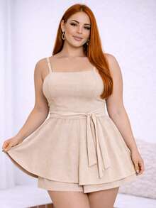 Women's Plus Size Summer Jumpsuit Dress With Elastic Back, Casual Elegant Knot And Ruffle Detail For Holidays - 米色 - 查看 1