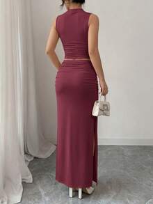 Women Two Piece Outfits Summer Mock Neck Sleeveless Knit Tops Maxi Skirt Set Slim Fit Pencil Skirt Going Out Dress Matching Set For Holiday Vacation Party Evening Club Night Out - 酒紅色 - 查看 2