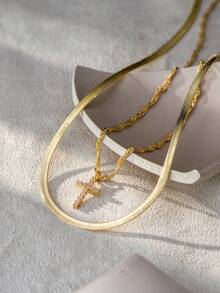 2pcs/Set Fashionable New Gold Stainless Steel Gold Wire Flat Chain & Copper Wave Chain Layered Cross Pendant Necklace - Yellow Gold - View 2