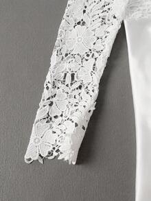 女士蕾丝婚纱，长袖高领露背及地优雅晚礼服 - 白色 - 查看 4