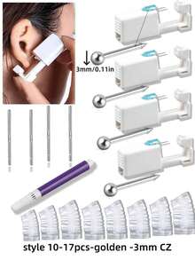 17 pièces/set Kit de perçage d'oreilles jetable et stérile, comprenant 4 pistolets de perçage d'oreilles, 4 tampons de nettoyage d'oreilles, 8 couvercles de protection d'oreilles jetables et imperméables, et 1 stylo de marquage. Convient pour le perçage d'oreilles personnel ou professionnel - Multicolore - Voir 3
