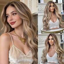 2026新款时尚蕾丝假发，女士铂金色，带灰棕色发根，自然发际线，合成纤维，蓬松深波浪蕾丝前假发，13x4预拔毛，无胶，适合角色扮演、派对、日常佩戴，女士、女孩、女性，顶级假发 - 彩色 - 查看 7