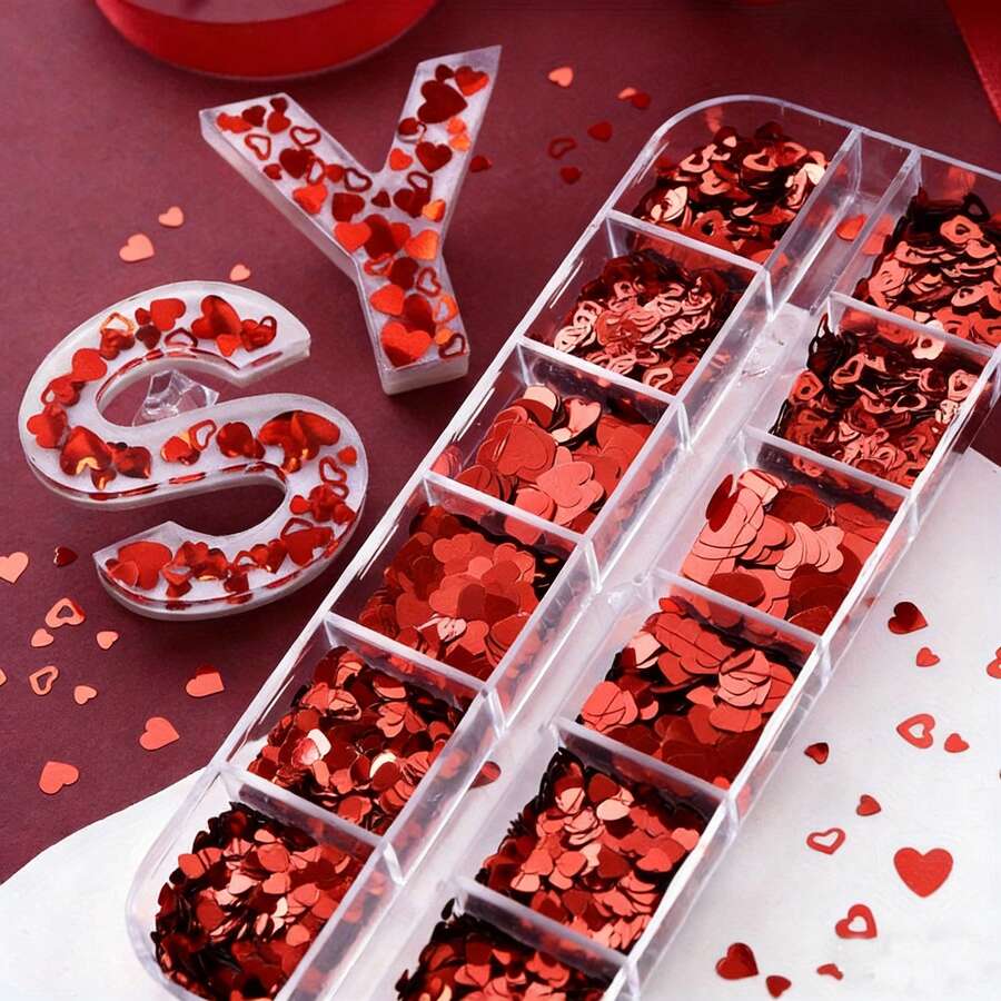 Valentine's Day Heart Glitter For Epoxy Resin Filling Holographic Red Sequins Mixed Heart Shape Paillettes DIY Keychain Pendant Handcraft Materials Mould Filler Material, DIY Crafts, Valentine's Crafts, Jewelry Casting Supplies - Red - View 1