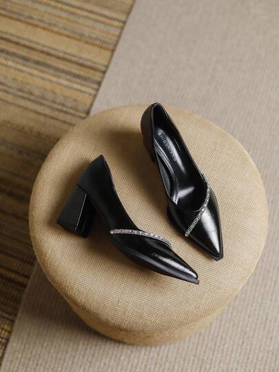 Women's Fashion Office 2026 Spring New High Heel Shoes, Casual Solid Color Beige, Black, Brown Pointed Toe Metal Decor Elegant Minimalist Chunky Heel High Quality Loafers, Suitable For Wide Leg Pants And Dresses