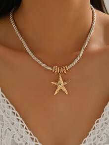 1pc Autumn/Winter Vacation Ocean Style Women's Pendant Necklace, Retro Bohemian Metal Starfish Pendant, Leopard Print Fabric Simple Personalized Choker Necklace, Casual Daily Beach Vacation Versatile Accessory - Leopard - View 12