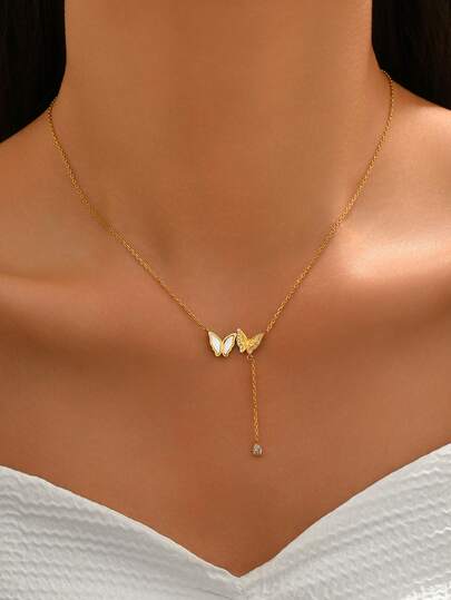 1pc Fashion Butterfly Zirconia Pendant Necklace, Delicate Tassel Design Clavicle Chain Jewelry, Suitable For Women's Banquet, Party, Festival And Daily Wear