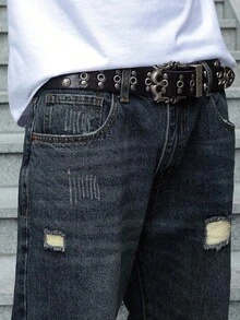 Men's Ripped Jeans Relaxed Fit Straight Leg Distressed Vintage Denim Pants Y2K Hip Hop Skater Streetwear Casual Trousers - 深色水洗藍 - 查看 6