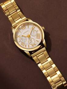 5pcs Women's Quartz Watch Set, Includes Quartz Watch With Roman Numeral Dial, Rhinestone Earrings, Rhinestone Ring, And Rhinestone Heart Necklace, Designed In Shiny Gold Tone - Gold - View 4