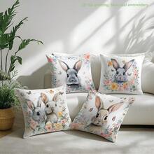MEMNUN 4件套复活节花卉边框兔子印花涤纶装饰抱枕套【不含枕芯】，尺寸：17.7*17.7英寸（45*45厘米）/19.69*19.69英寸（50*50厘米）/15.75*15.75英寸（40*40厘米），【单面印花】花卉蝴蝶复活节春季主题抱枕套，适用于沙发、床、客厅、卧室、汽车、办公室、酒店装饰，是馈赠亲友的完美礼物，复活节家居纺织品装饰 - 彩色 - 查看 9