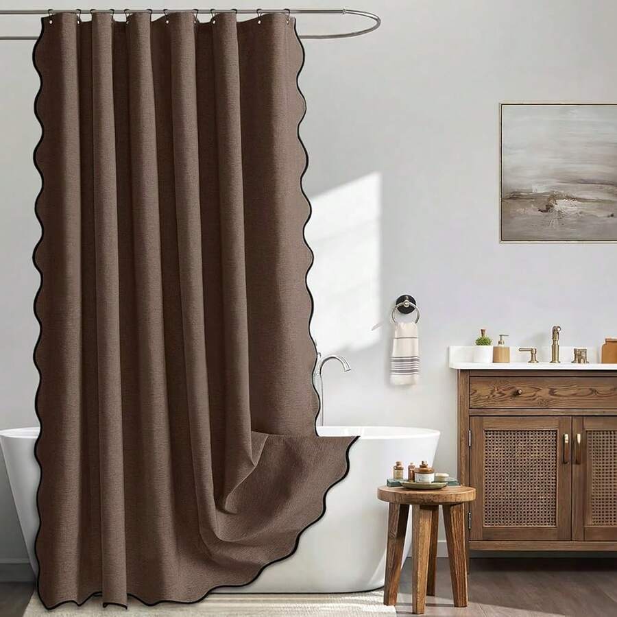 84\ Long Scalloped Shower Curtain Linen Textured With 12 Metal Hooks Cute Extra Long Heavy Duty Washable Waterproof Cloth Shower Curtains With Black Border For Bathroom Hotel Bathtub,Brown - 棕色 - 查看 1